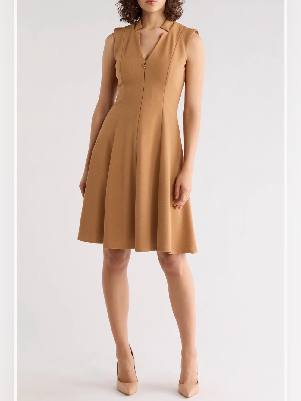 NWT Calvin Klein Sleeveless V-Neck A-Line Zip-Up Mini Dress in Camel